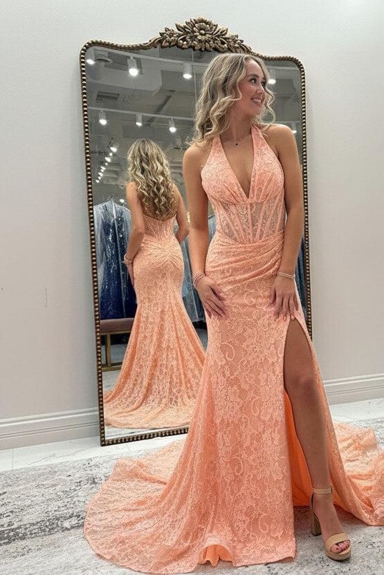 Suzhoufashion Halter Pink Prom Dress Long Lace Formal Dress With Slit Suzhoufashion Halter Pink Prom Dress Long Lace Formal Dress With Slit