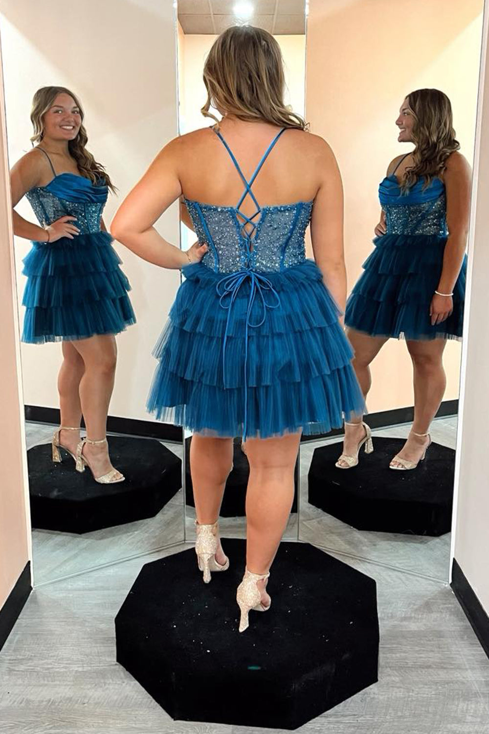 Peacock Blue Homecoming Dresses Corset Ruffled Short Cocktail Dresses