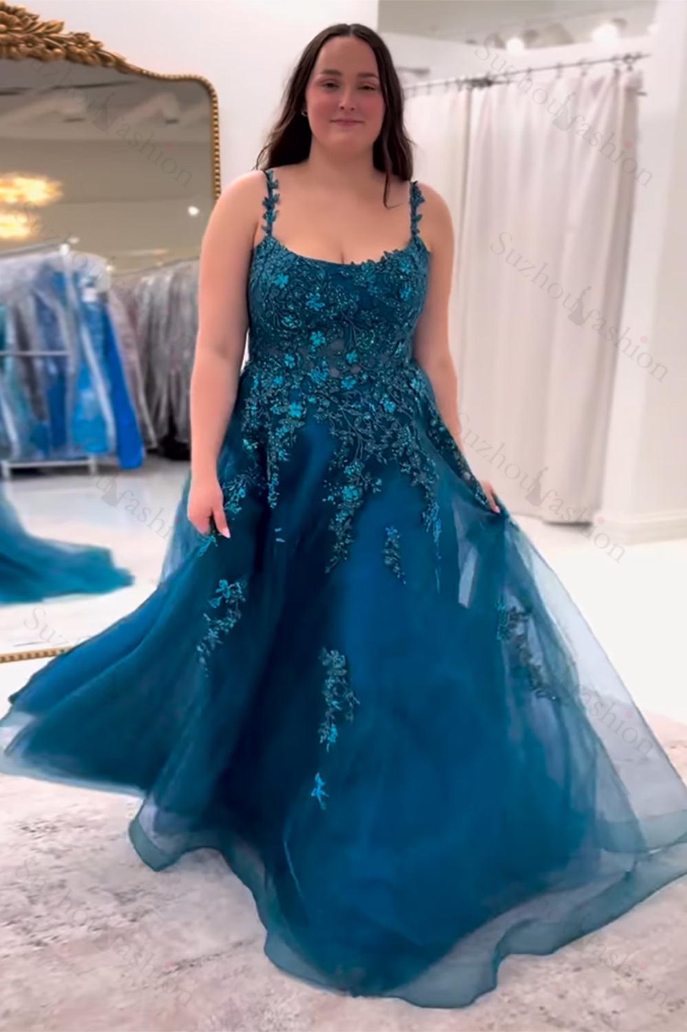 Suzhoufashion Peacock Blue Prom Dress A Line Appliqued Tulle Long Formal Dress With Slit Suzhoufashion Peacock Blue Prom Dress A Line Appliqued Tulle Long Formal Dress With Slit