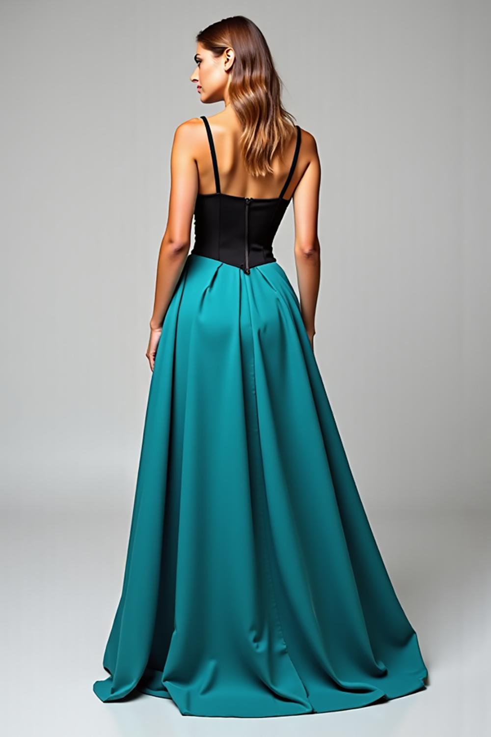 Peacock Blue Wedding Guest Dress A Line Black Wedding Guest Dress Satin Long Formal Dress