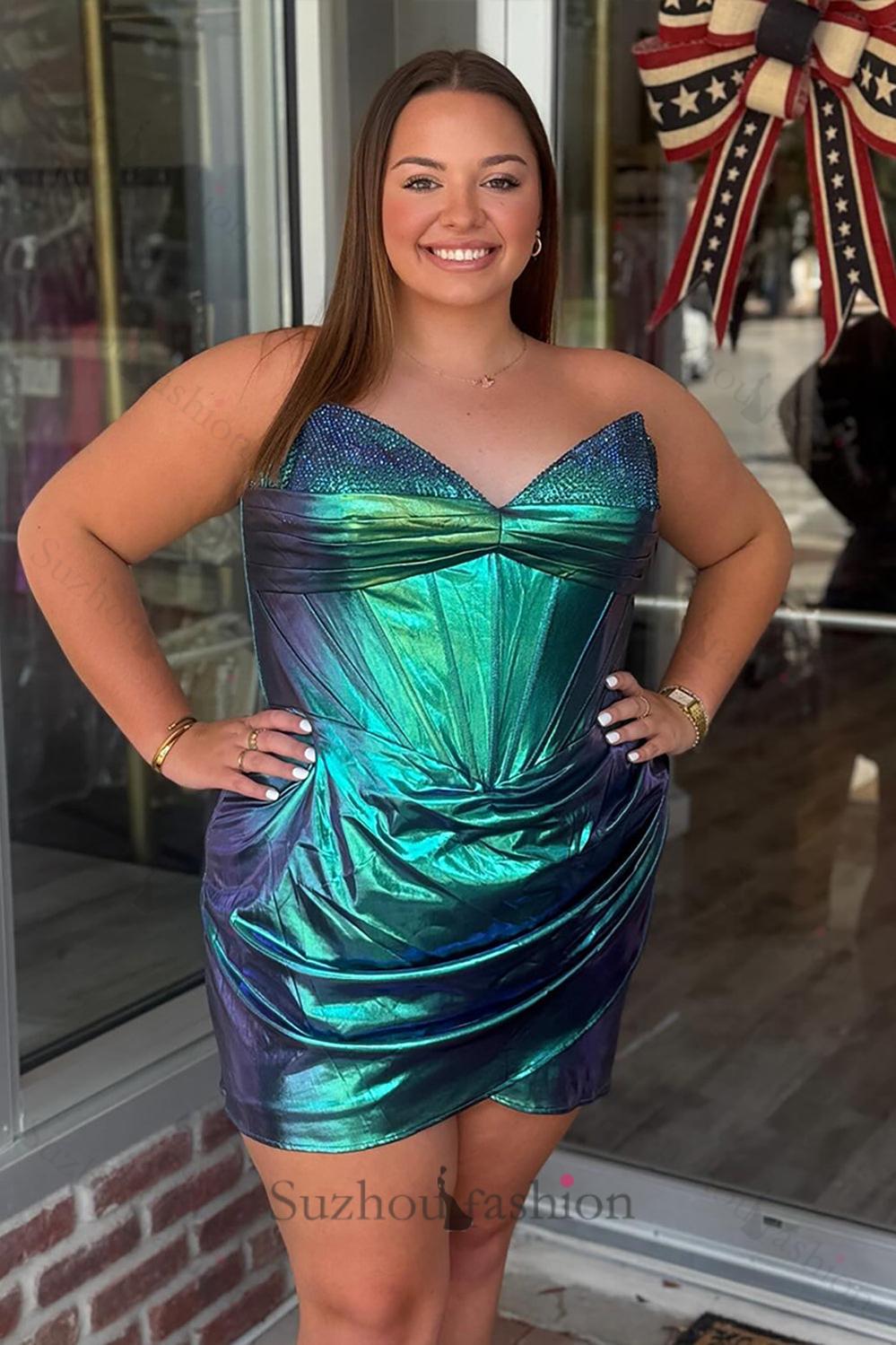 green emerald velvet dress Strapless Short Bodycon Homecoming Dress with Beads Jade/Peacock / 2 main image 0