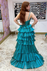 Peacock Green Prom Dress A Line High-Low Ruffled Long Formal Dress