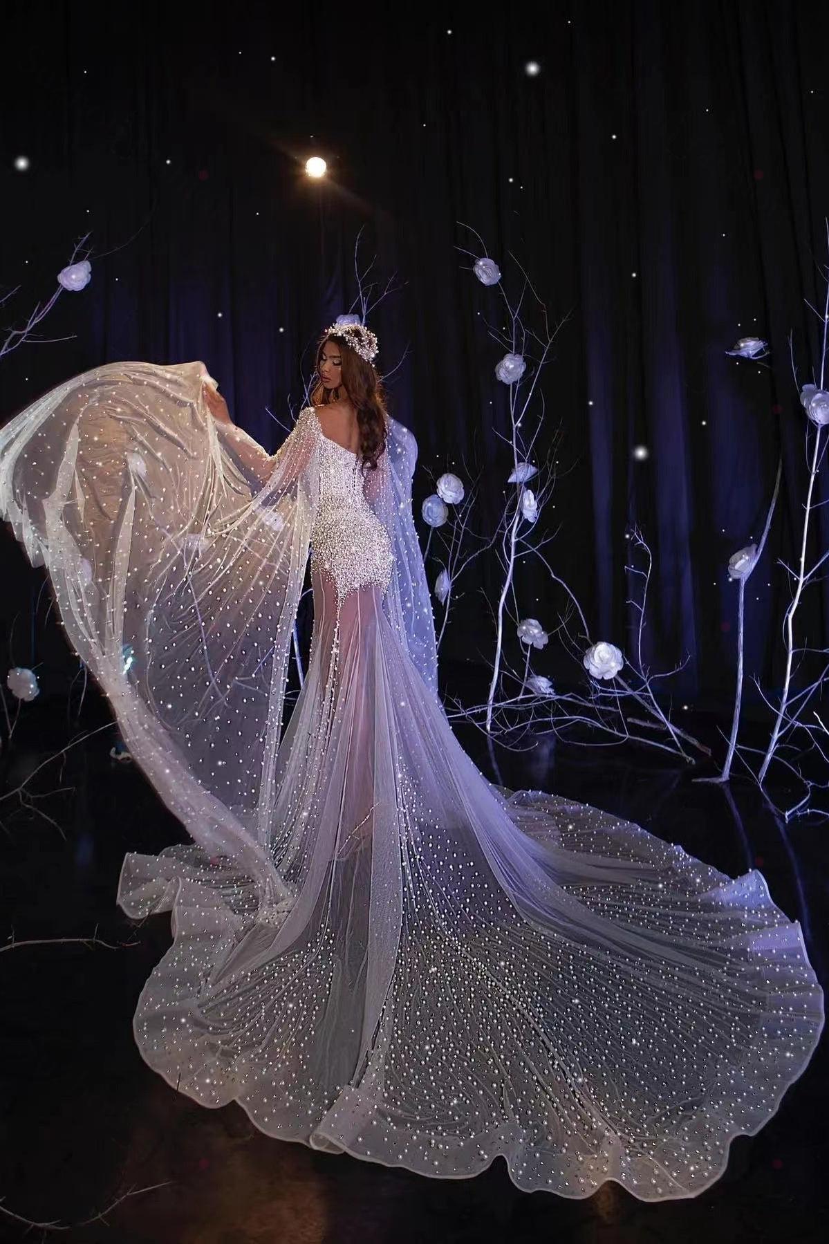 Pearl Long Sleeves Beaded Mermaid Sweetheart Evening Formal Dress