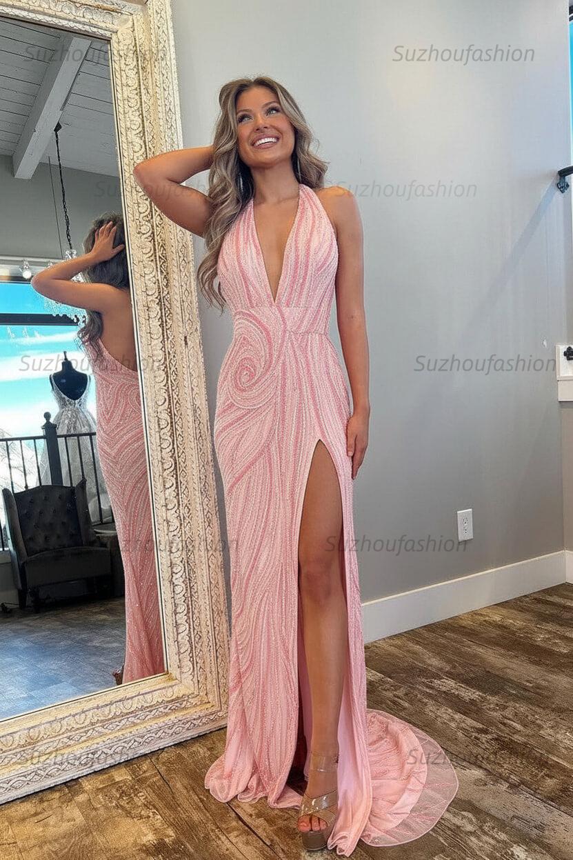 Suzhoufashion Women Halter Prom Dress Pink and Orange Mermaid Evening Dress with Slit, Pearl Pink Suzhoufashion Women Halter Prom Dress Pink and Orange Mermaid Evening Dress with Slit, Pearl Pink