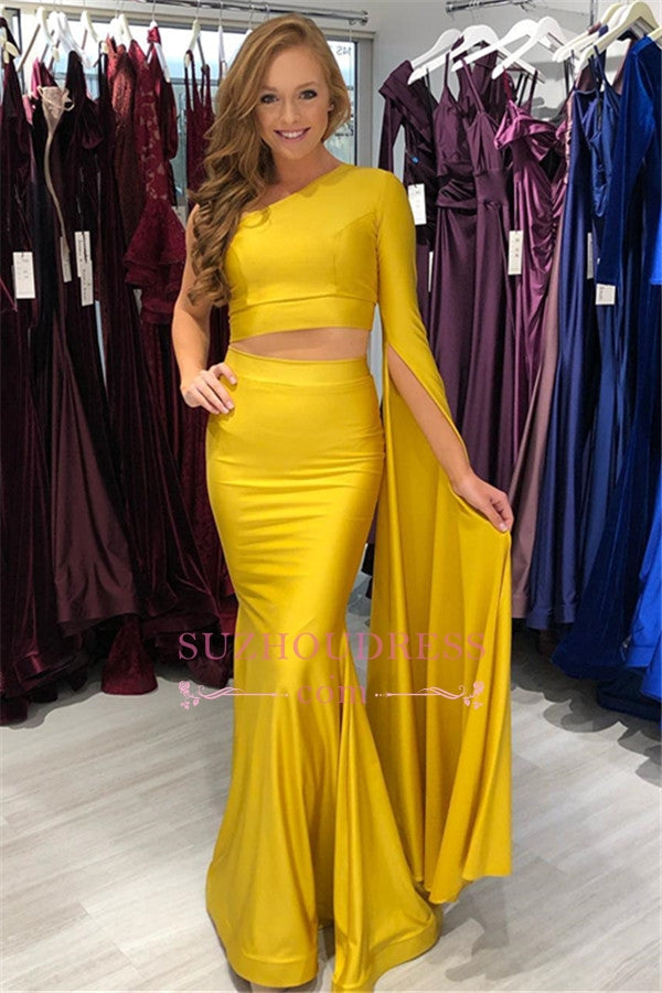 Pieces Elegant One-Shoulder Evening Dresses | Yellow Mermaid Prom Dresses
