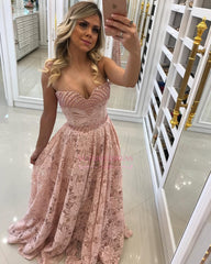 Pink A-line Prom Dresses | Elegant Lace Long Evening Dresses with Beadings BA9497