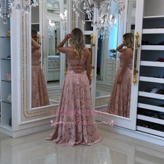 Pink A-line Prom Dresses | Elegant Lace Long Evening Dresses with Beadings BA9497