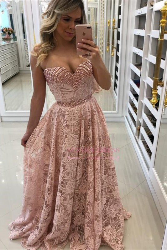 Pink A-line Prom Dresses | Elegant Lace Long Evening Dresses with Beadings BA9497