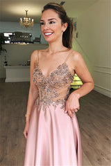 Pink Appliques Spaghetti-Straps Prom Dresses | See-Through A-Line Sexy Party Dresses