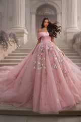 Pink Ball Gown Prom Dress with Pleated Off Shoulder Neckline and Train
