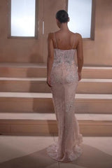 Pink Beaded Mermaid Prom Dress with Spaghetti Straps and Sheer Corset Bodice