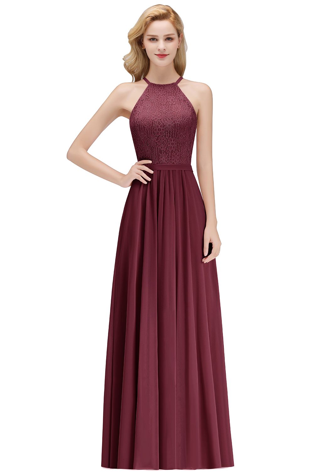 Pink Chiffon Lace Long Bridesmaid Dresses | Sleeveless Evening Dresses