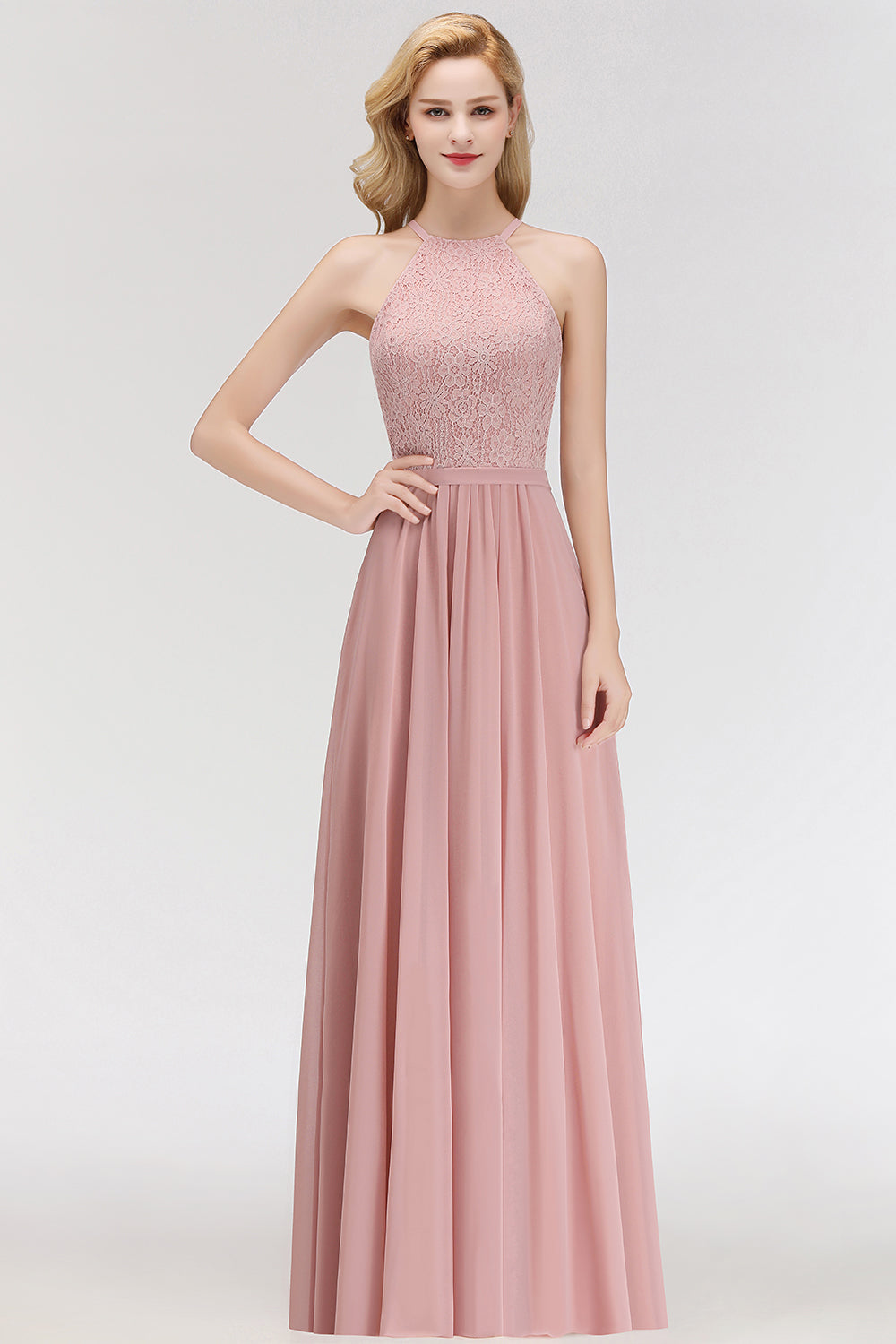 Pink Chiffon Lace Long Bridesmaid Dresses | Sleeveless Evening Dresses