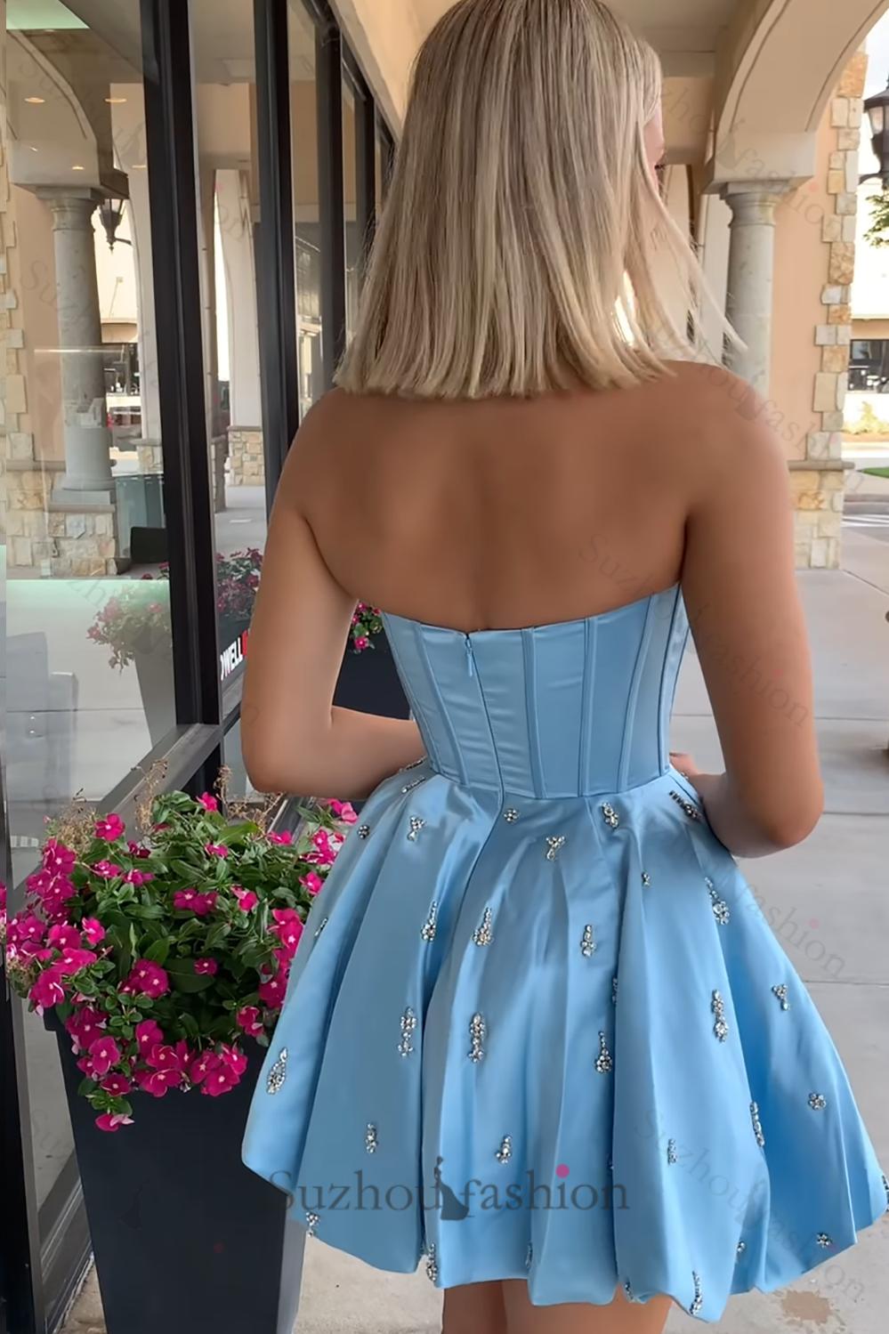 Pink Corset Homecoming Dresses Strapless Short Cocktail Dresses With Rhinestone