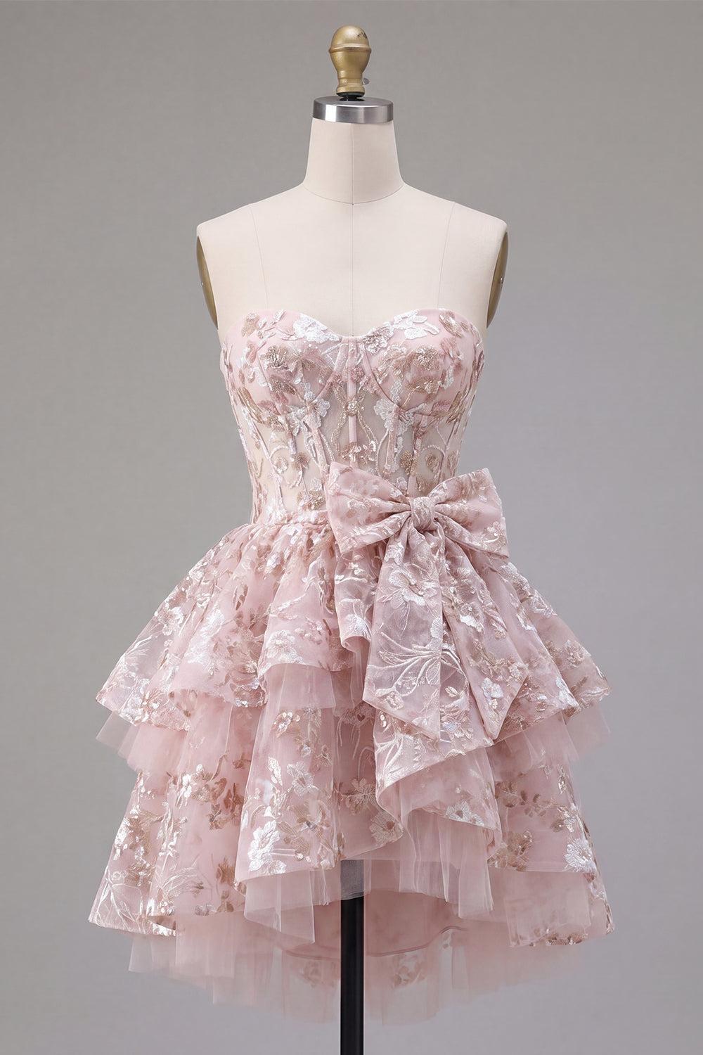 Pink Corset Ruffled A Line Short Floral Sweetheart Homecoming Dress with Bow