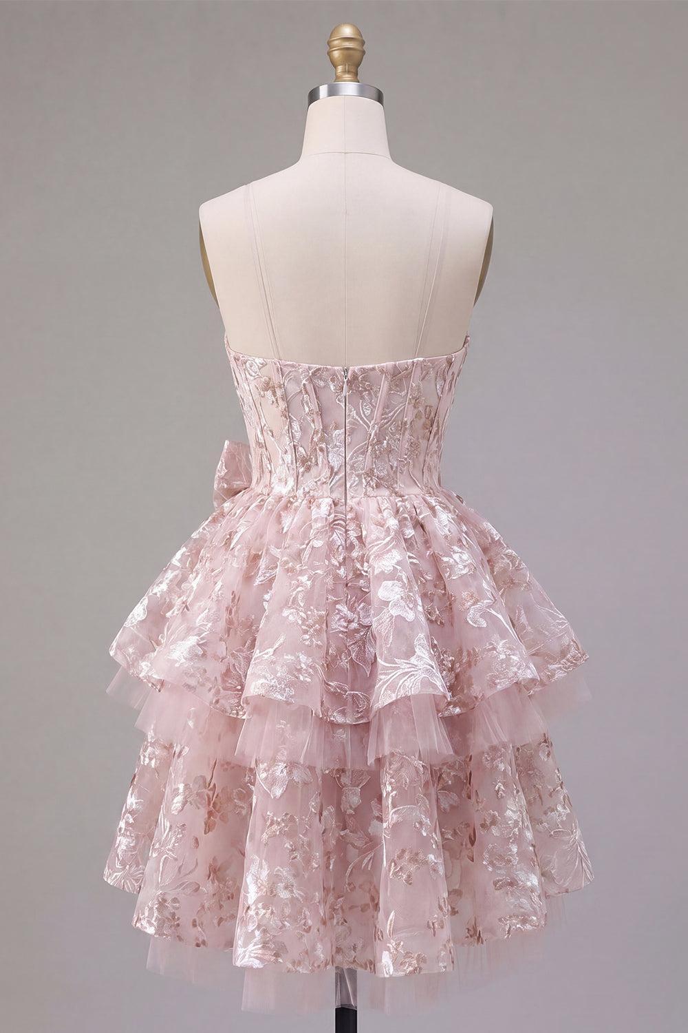 Pink Corset Ruffled A Line Short Floral Sweetheart Homecoming Dress with Bow