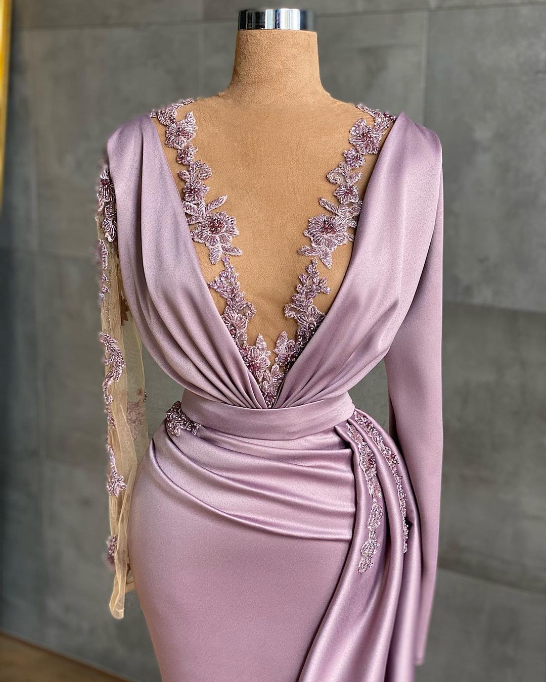 Pink Evening Dresses with Sleeves Long Lace Prom Dresses
