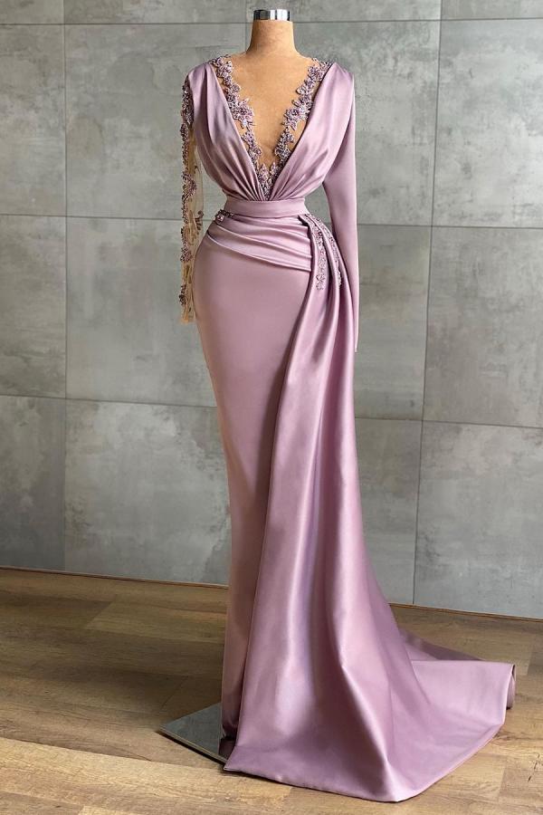 Pink Evening Dresses with Sleeves Long Lace Prom Dresses