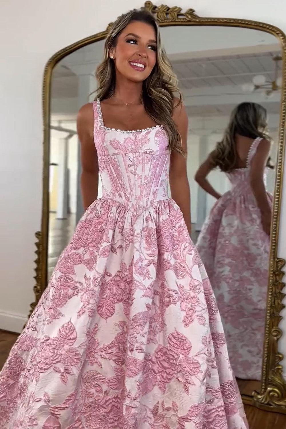 Pink Floral Corset Ball Gown Prom Dress With Pearl Beaded Straps Formal Evening Gown