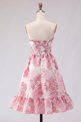 Pink Floral Jacquard Strapless Corset Short Homecoming Dress with Ruffles