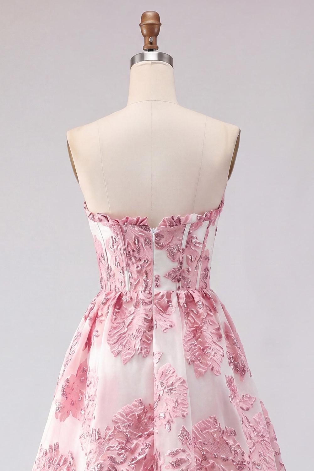 Pink Floral Jacquard Strapless Corset Short Homecoming Dress with Ruffles