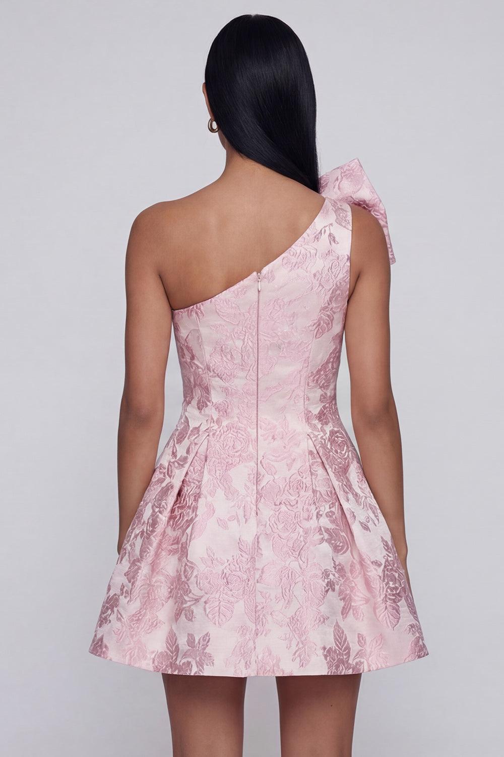 Pink Floral One Shoulder A-Line Short Cocktail Dress with Bow