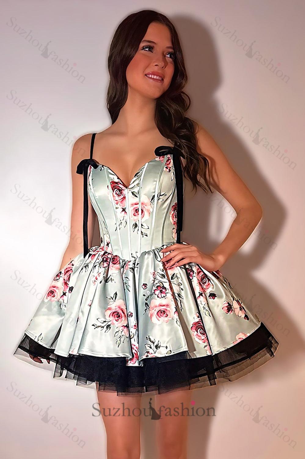 Pink Floral Printed A Line Homecoming Dresses Short Corset Cocktail Dresses With Bow
