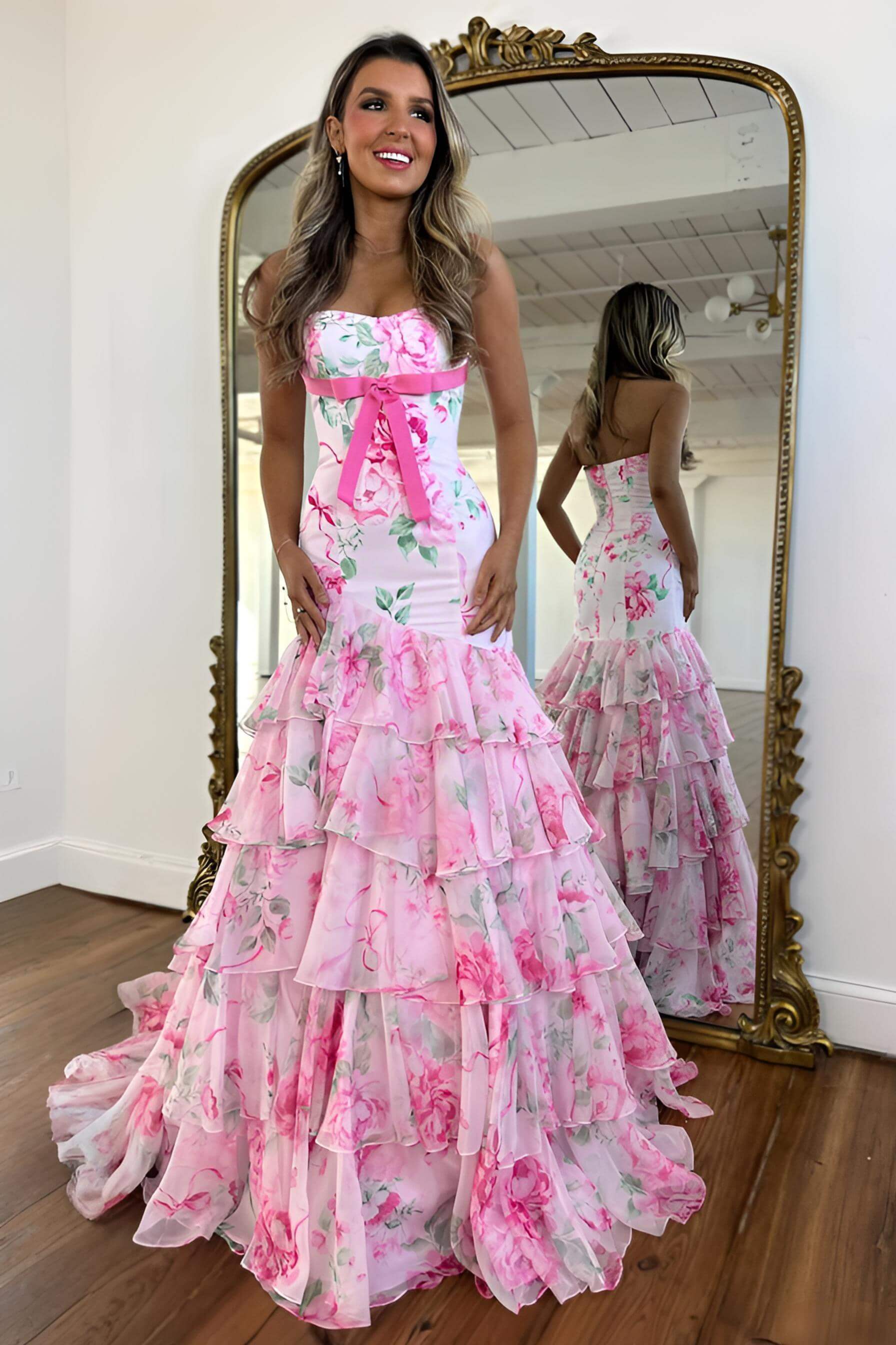 Suzhoufashion Blue Flower Prom Dress Sweetheart Mermaid Ruffled Long Formal Dress With Bow