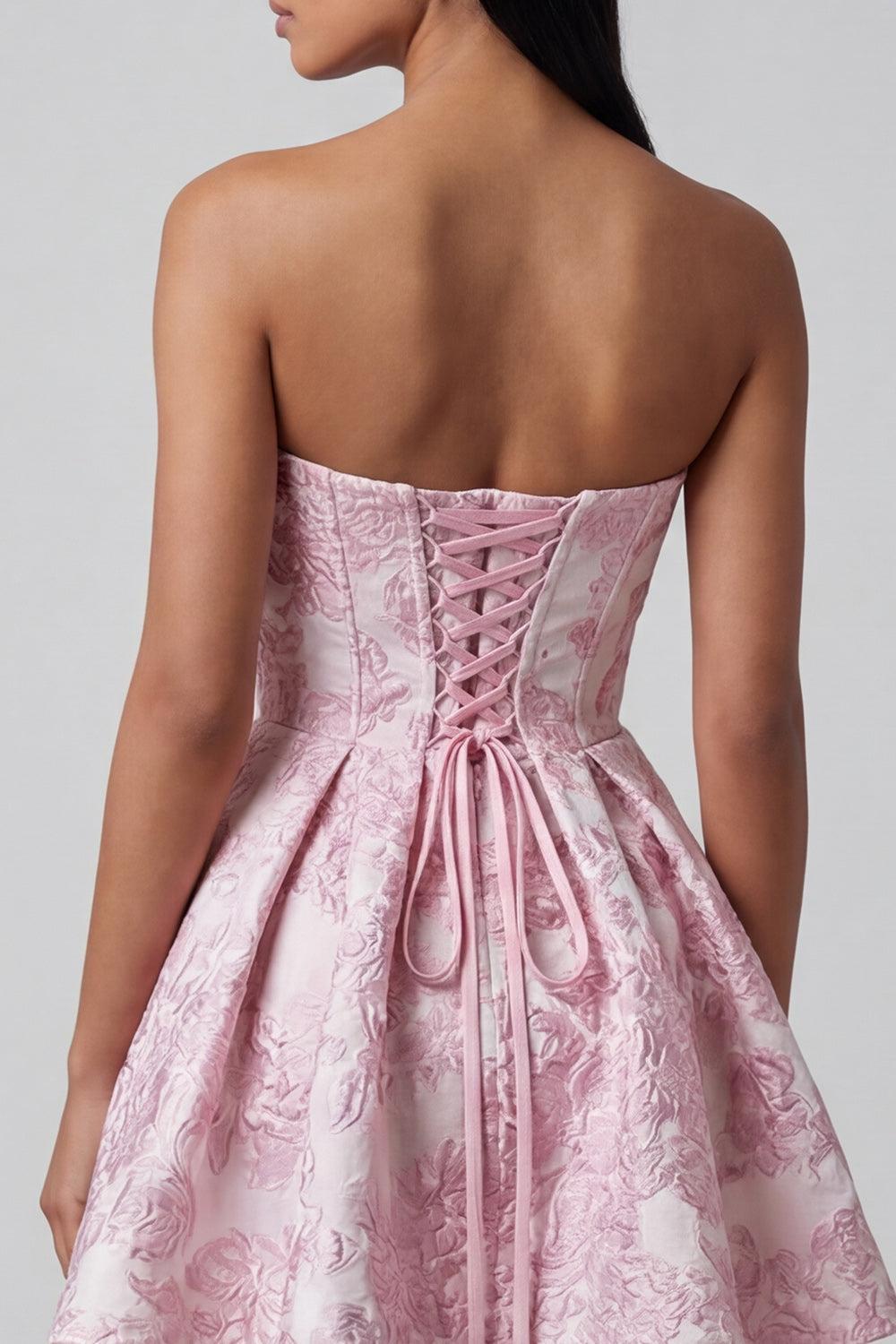 Pink Floral Strapless Ruffled A-Line Corset Short Cocktail Dress with Bow