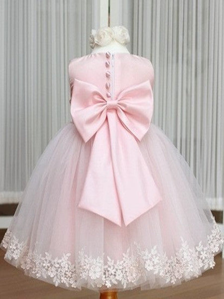 Pink Flower Girl Dresses Jewel Bow Sash Lace Appliques Lovely Tulle A Line Pageant Dress