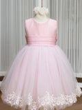 Pink Flower Girl Dresses Jewel Bow Sash Lace Appliques Lovely Tulle A Line Pageant Dress
