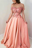 Pink Flowers Sweetheart Off-the-Shoulder A-Line Prom Dresses