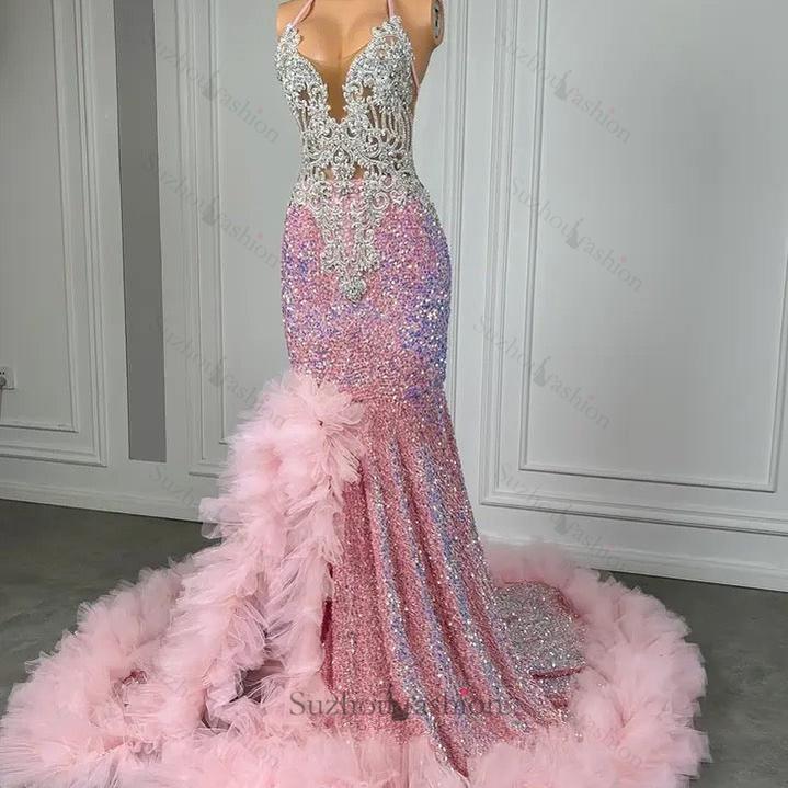 Pink Halter Mermaid Prom Dress Ruffled Sequin Formal Dress with Beadings