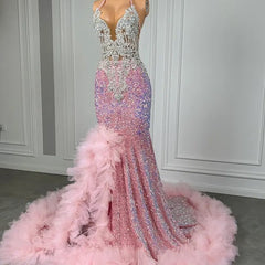 Pink Halter Mermaid Prom Dress Ruffled Sequin Formal Dress with Beadings