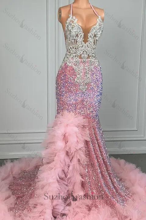 Pink Halter Mermaid Prom Dress Ruffled Sequin Formal Dress with Beadings