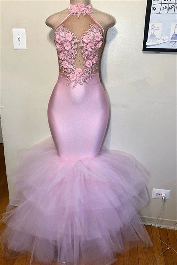 Pink Halter Tulle Mermaid Prom Gown | Flower Appliques Sleeveless Prom Dress
