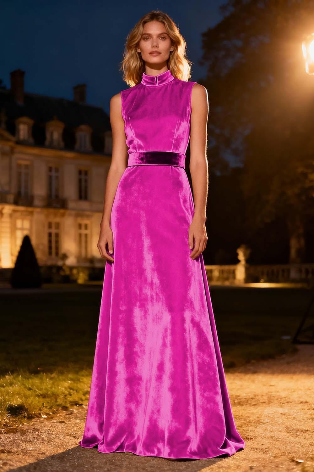 Suzhoufashion Women Pink High Neck A-Line Long Velvet Holiday Party Dress With Belt Suzhoufashion Women Pink High Neck A-Line Long Velvet Holiday Party Dress With Belt