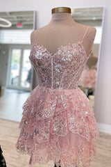 Pink Homecoming Dress Corset Top Spaghetti Straps A-Line Lace Short Prom Dress