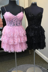 Pink Homecoming Dress Corset Top Spaghetti Straps A-Line Lace Short Prom Dress