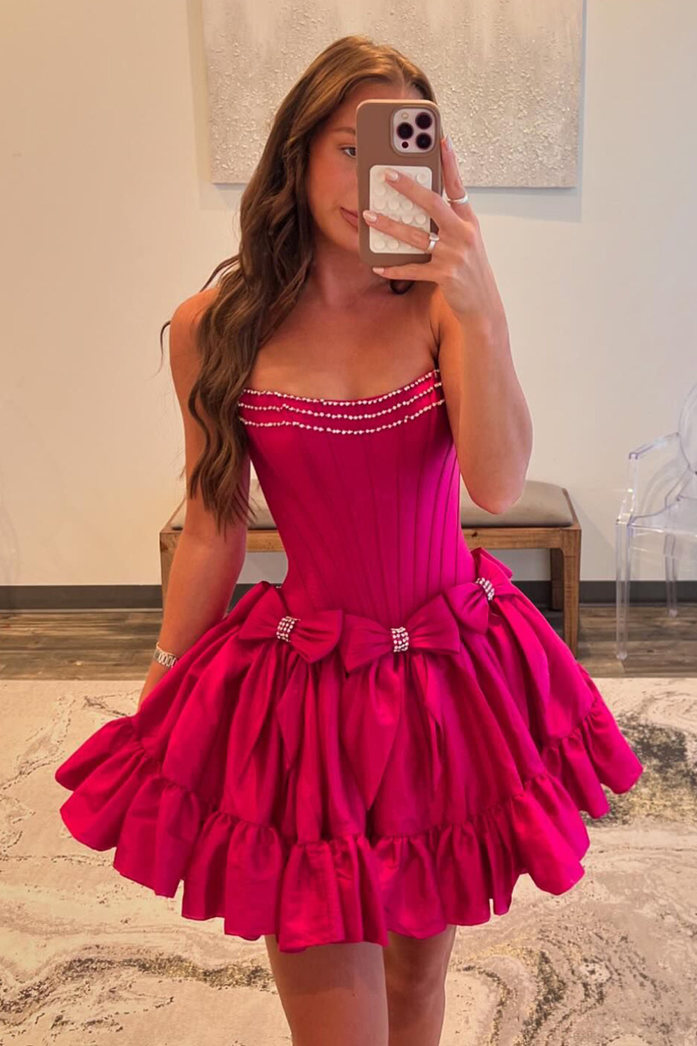 Pink Homecoming Dresses A Line Corset Strapless Short Cocktail Dresses With Bows