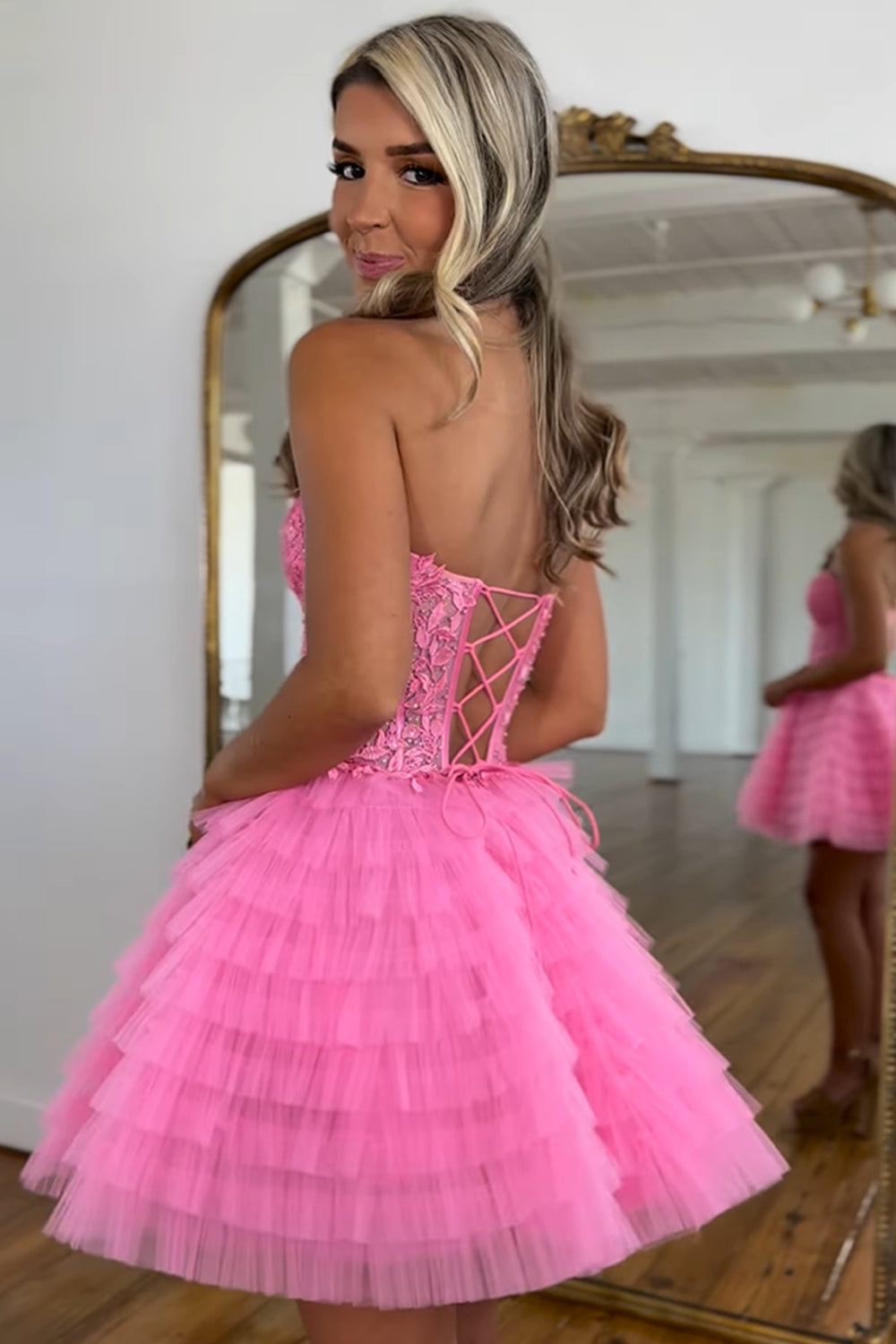 Pink Homecoming Dress A Line Strapless Tiered Short Prom Dress With Appliques Suzhoufashion Pink Homecoming Dress A Line Strapless Tiered Short Prom Dress With Appliques Suzhoufashion