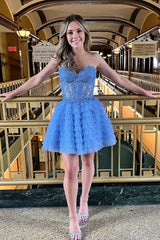 Pink Homecoming Dresses A Line Strapless Tiered Short Cocktail Dresses With Appliques
