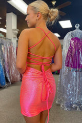 Pink Homecoming Dresses Beaded Lace-Up Back Tight Short Cocktail Dresses