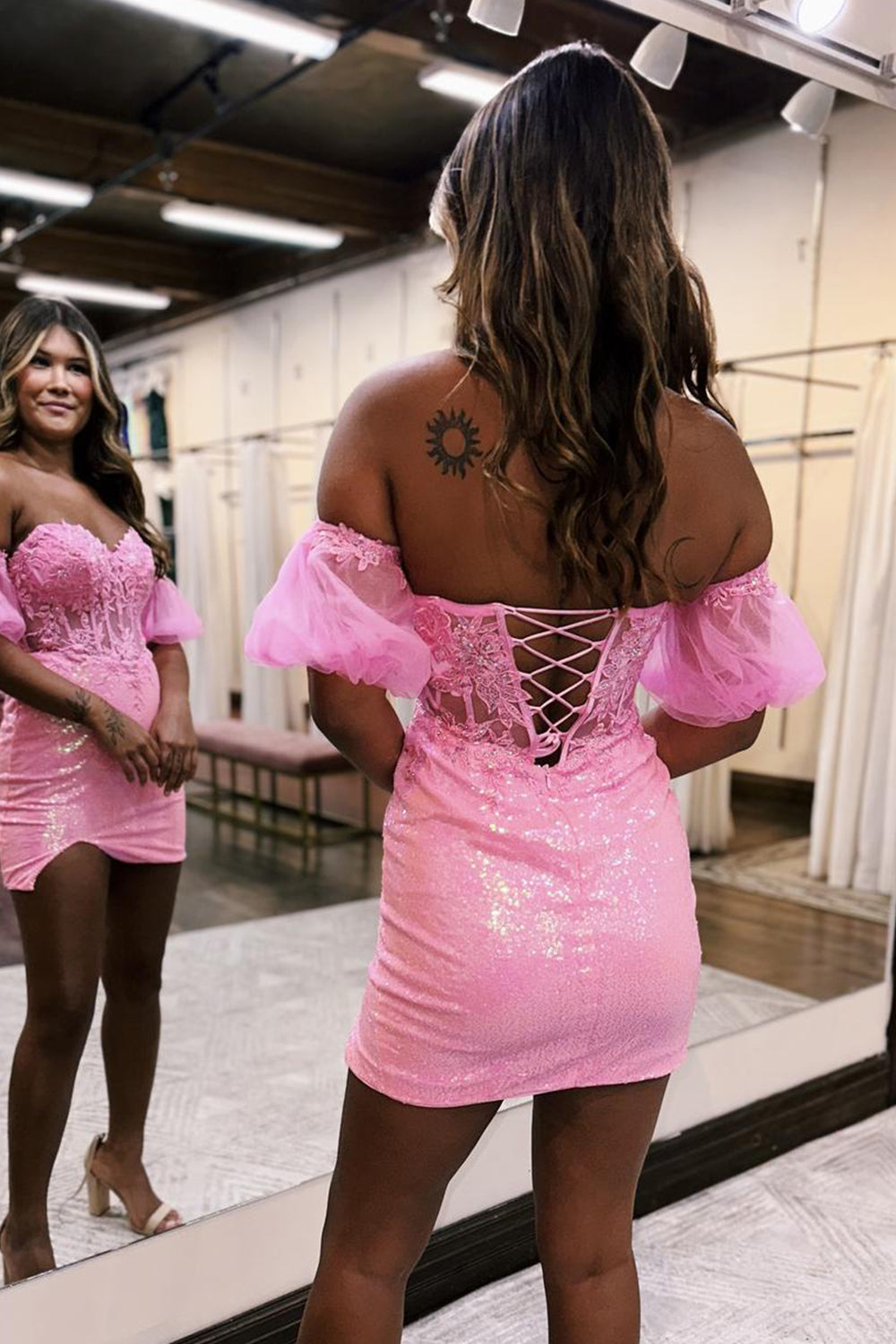 Pink Homecoming Dresses Corset Detachable Short Sleeves Sequin Tight Short Cocktail Dresses with Lace