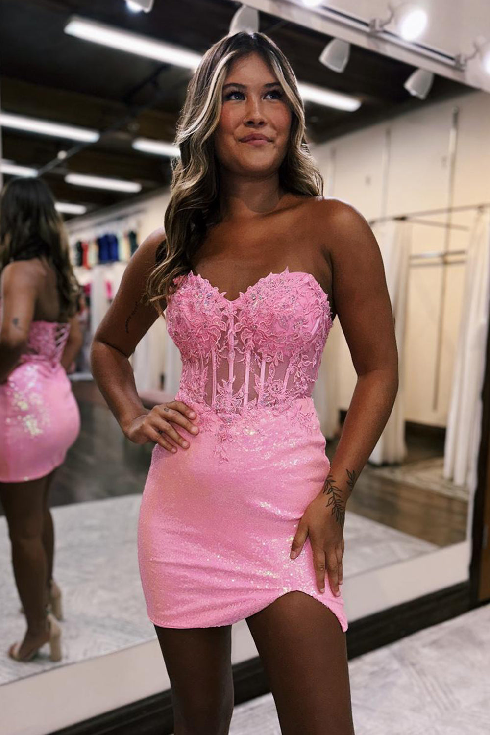 Pink Homecoming Dresses Corset Detachable Short Sleeves Sequin Tight Short Cocktail Dresses with Lace