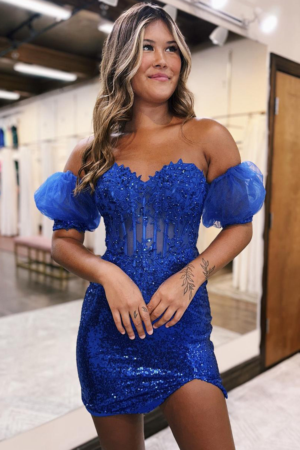 Pink Homecoming Dresses Corset Detachable Short Sleeves Sequin Tight Short Cocktail Dresses with Lace