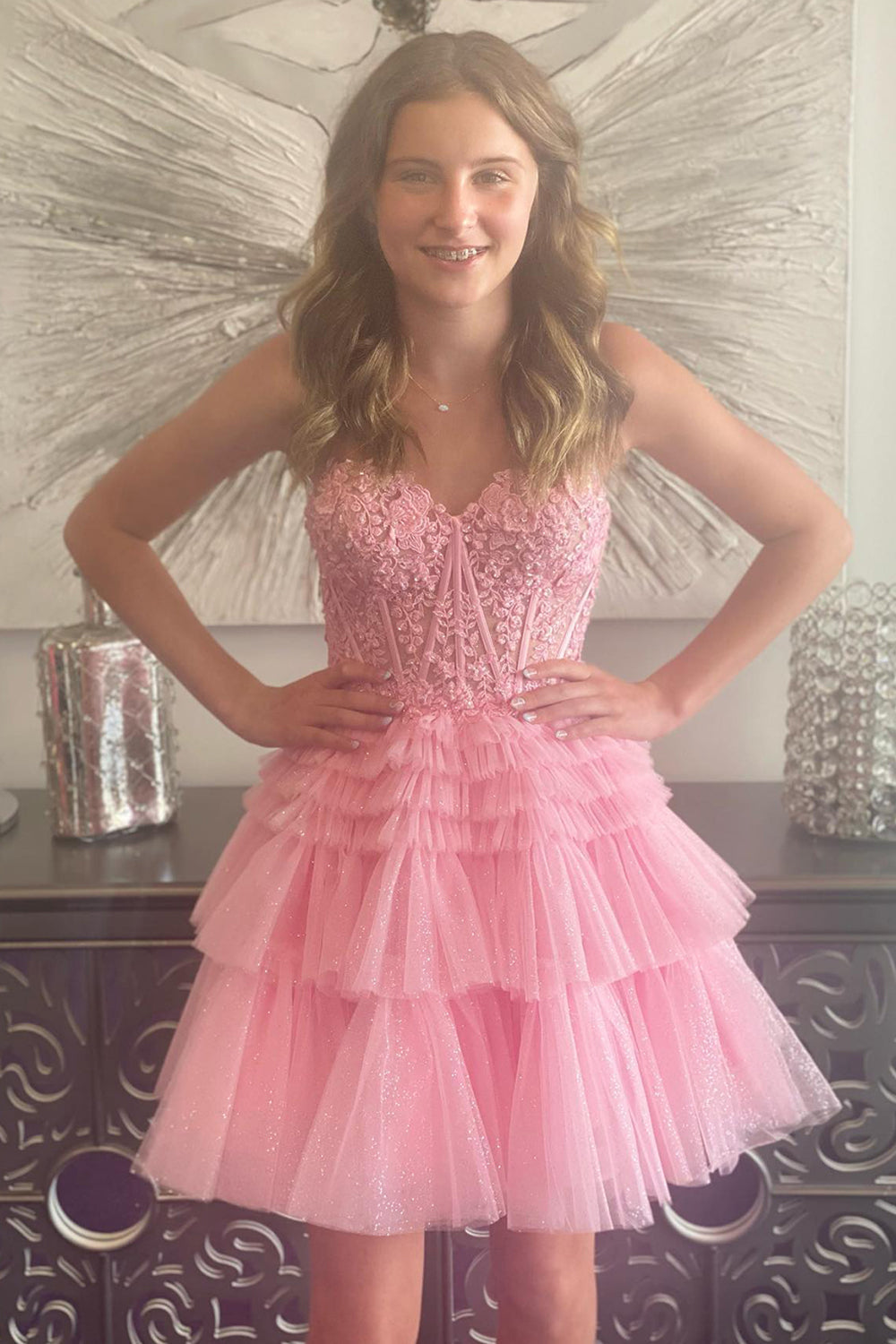 Pink Homecoming Dresses Corset Tiered Short A-Line Tulle Prom Dress with Lace