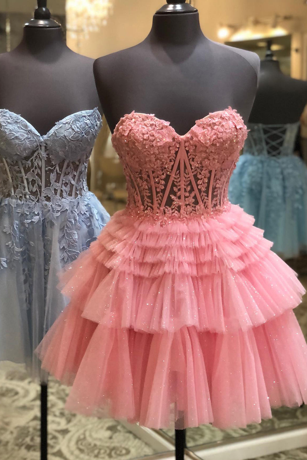Pink Homecoming Dresses Corset Tiered Short A-Line Tulle Prom Dress with Lace