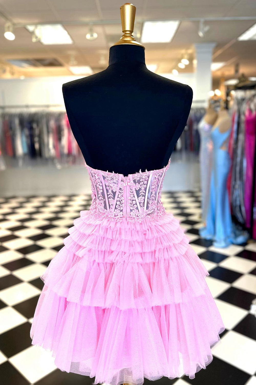 Pink Homecoming Dresses Corset Tiered Short A-Line Tulle Prom Dress with Lace