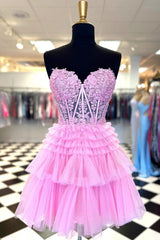 Pink Homecoming Dresses Corset Tiered Short A-Line Tulle Prom Dress with Lace